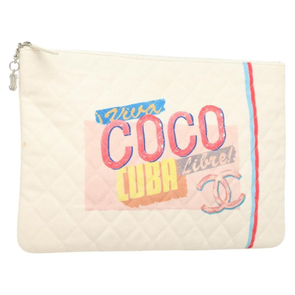 Chanel Coco Cuba Pouch Printed Quilted Canvas White Canvas Bag (Pre-Owned)