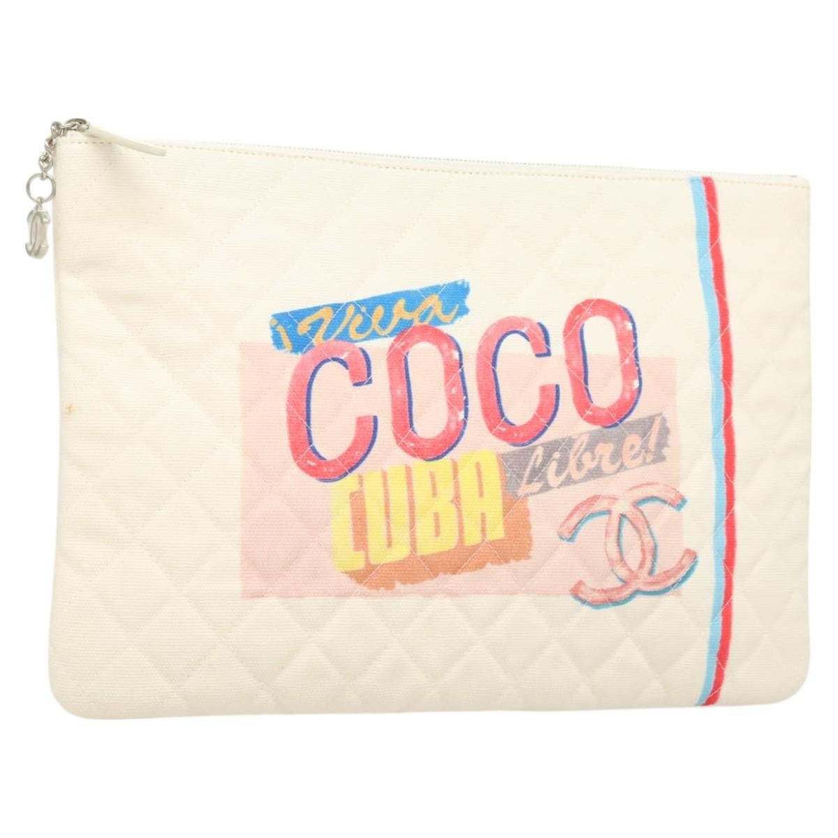 Chanel Coco Cuba Pouch Printed Quilted Canvas White Canvas Bag (Pre-Owned)