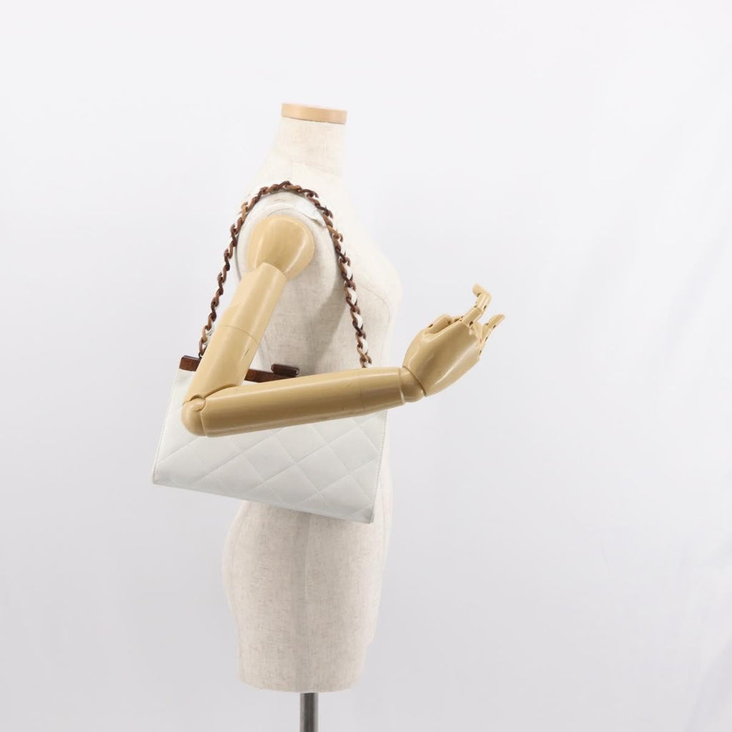 Chanel Wooden Frame Striped Shoulder Bag Leather White Leather Shoulder Bag Bag (Pre-Owned)