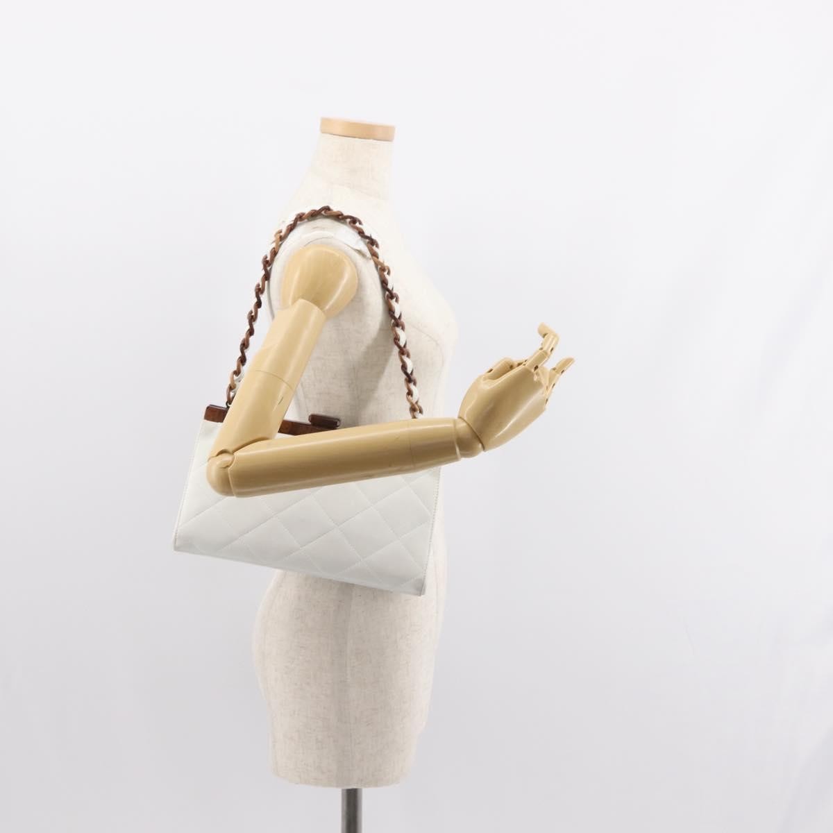 Chanel Wooden Frame Striped Shoulder Bag Leather White Leather Shoulder Bag Bag (Pre-Owned)