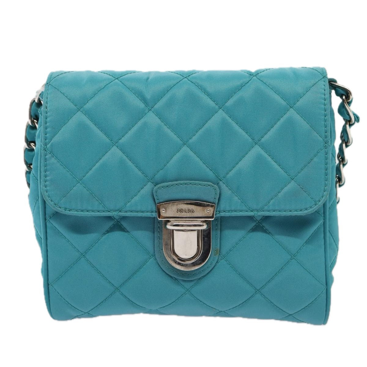 Prada Pushlock Chain Flap Bag Quilted Tessuto Turquoise Nylon Shoulder Bag Bag (Pre-Owned)