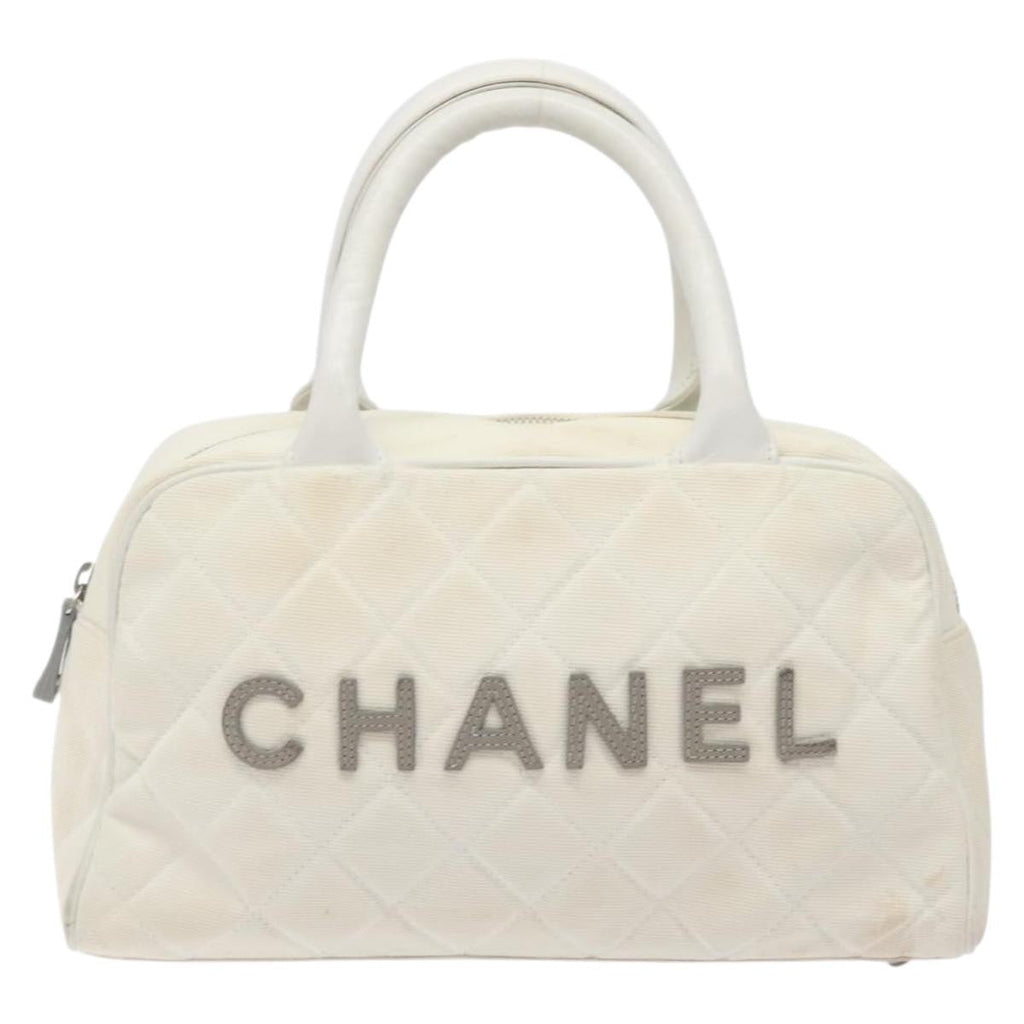 Chanel Vintage Logo Bowler Bag Quilted Canvas White Canvas Handbag (Pre-Owned)