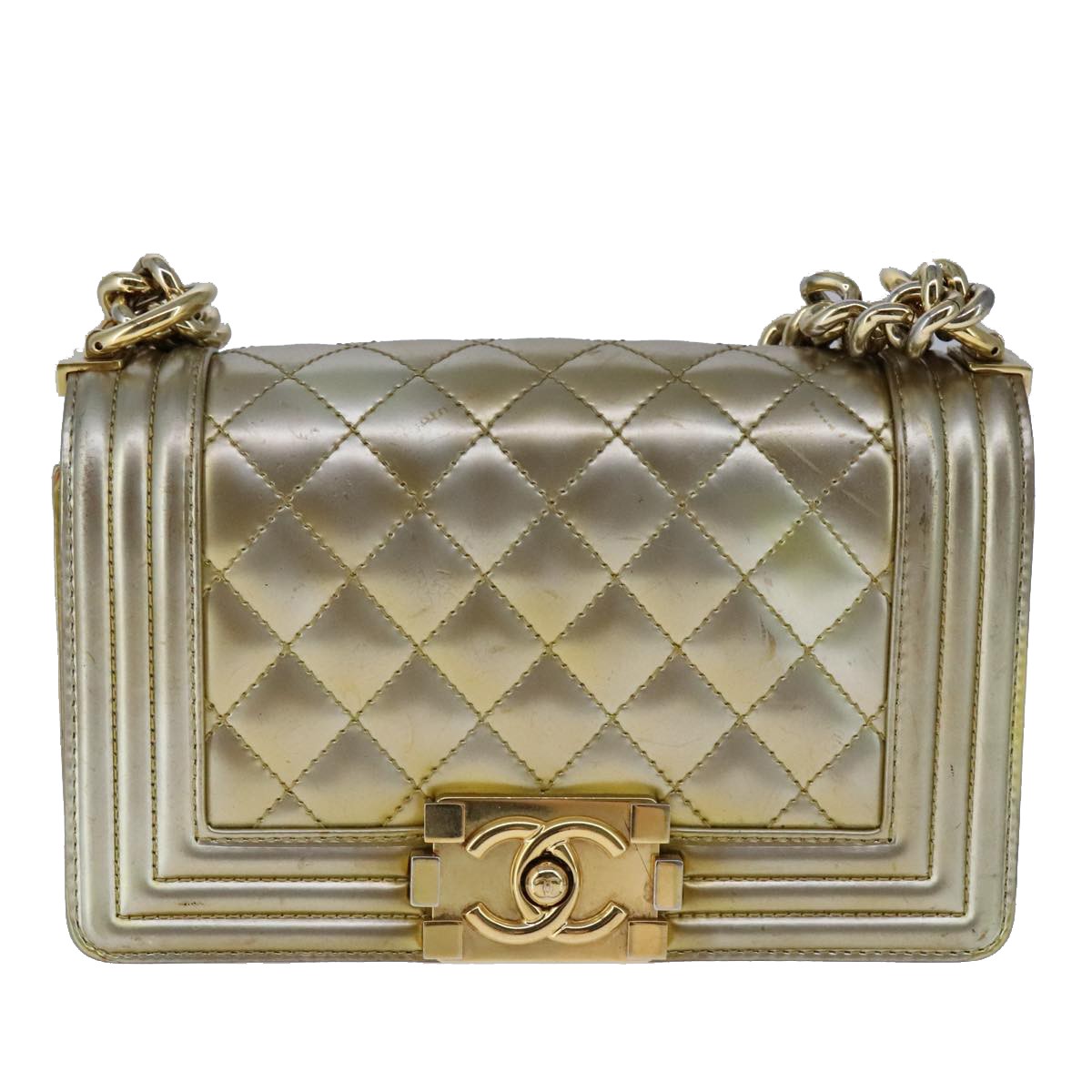 Chanel Boy Flap Bag Quilted Patent Gold Patent_Leather Shoulder Bag Bag (Pre-Owned)