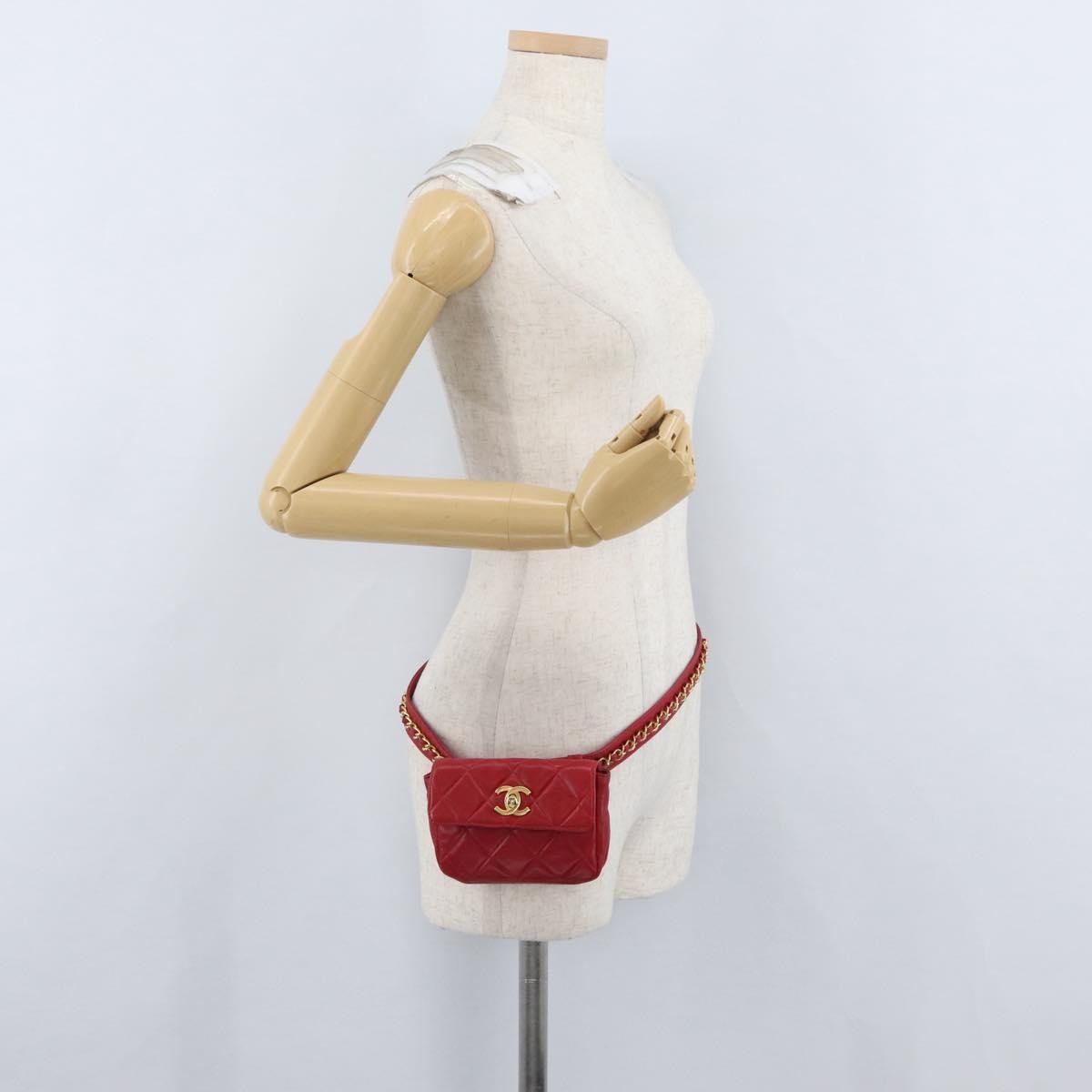 Chanel Vintage Cc Flap Waist Bag Quilted Lambskin Red Leather Clutche & Pouche Bag (Pre-Owned)