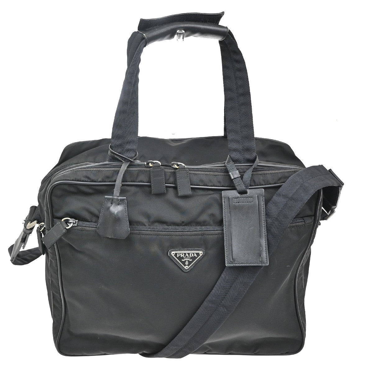 Prada Expandable Front Zip Boston Bag Tessuto Black Nylon Travel Bag Bag (Pre-Owned)