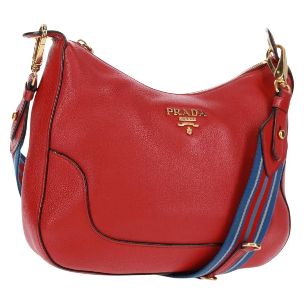 Prada Striped Strap Zip Hobo Vitello Daino Red Leather Shoulder Bag Bag (Pre-Owned)