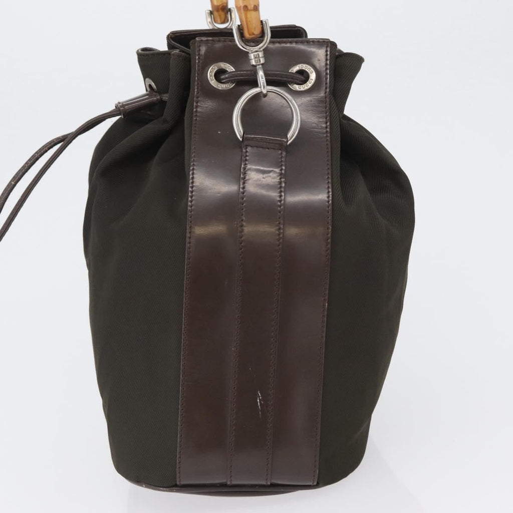 Gucci Vintage Bamboo Bucket Bag Nylon And Leather Khaki Nylon Handbag (Pre-Owned)