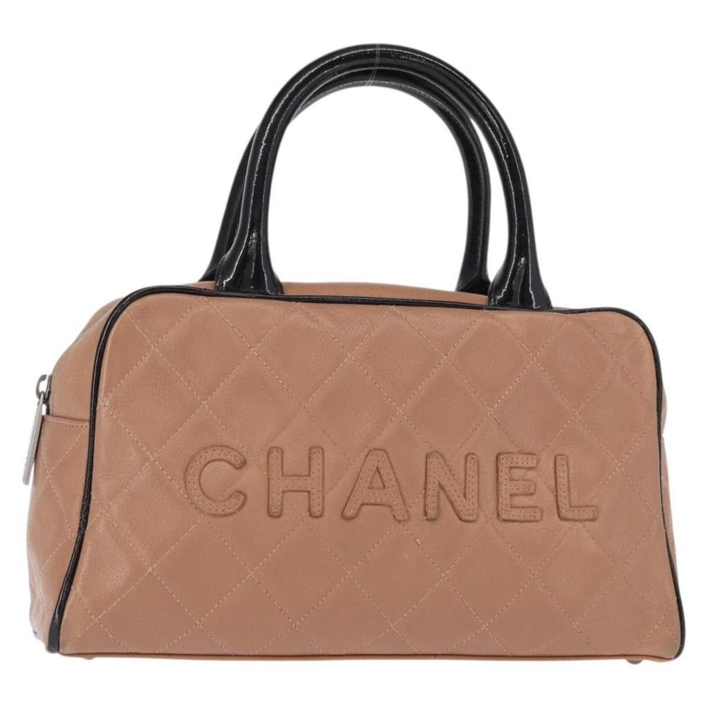 Chanel Embossed Logo Bowler Bag Quilted Caviar Beige Leather Handbag (Pre-Owned)