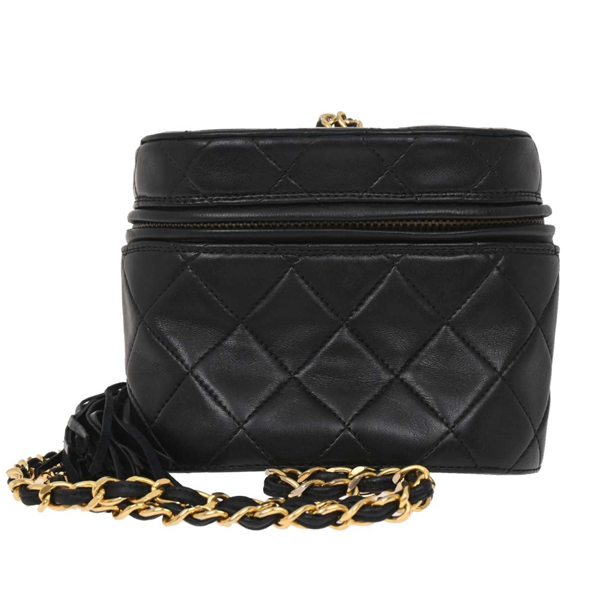 Chanel Vintage Box Zip Tassel Bag Quilted Lambskin Black Leather Shoulder Bag Bag (Pre-Owned)
