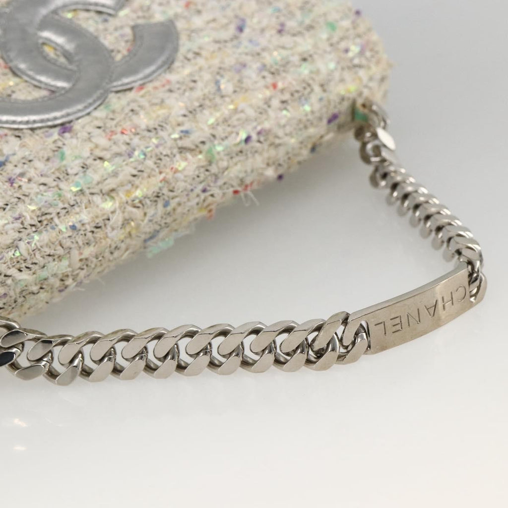 Chanel Vintage Cc Chain Top Handle Bag Quilted Tweed White Tweed Handbag (Pre-Owned)