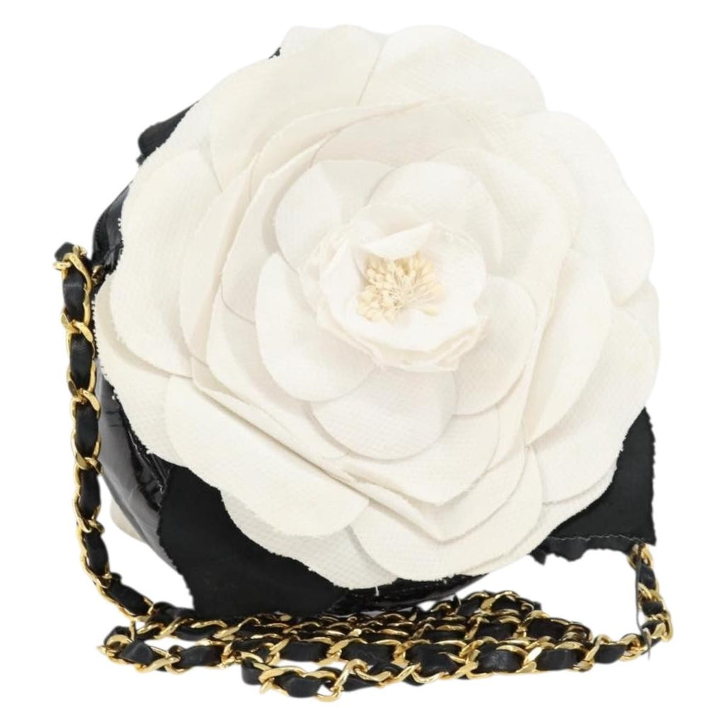 Chanel Vintage Camellia Round Evening Bag Lambskin And Satin Black Patent_Leather Clutche & Pouche Bag (Pre-Owned)