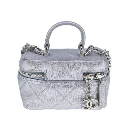 Chanel Classic Vanity Case With Chain Quilted Caviar Silver Leather Shoulder Bag Bag (Pre-Owned)
