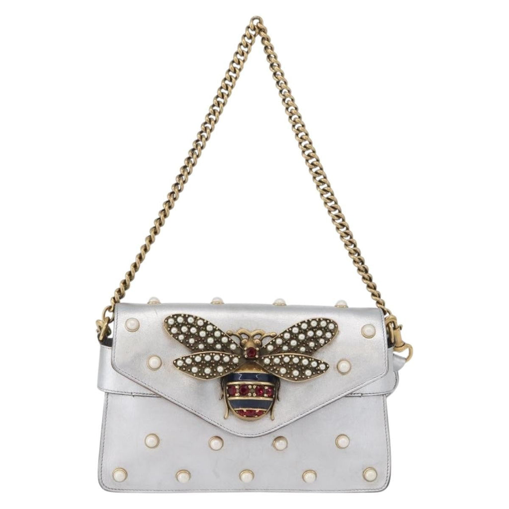 Gucci Broadway Pearly Bee Shoulder Bag Embellished Leather Silver Leather Shoulder Bag Bag (Pre-Owned)