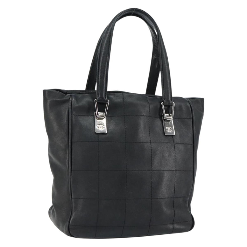 Chanel Square Stitch Tote Quilted Leather Black Leather Tote Bag Bag (Pre-Owned)