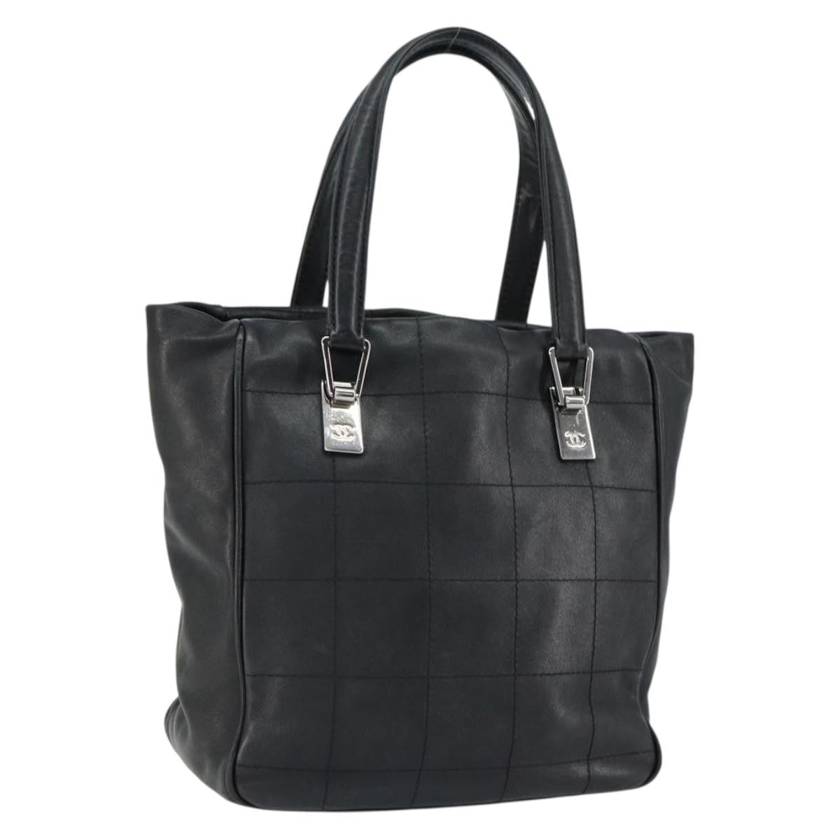 Chanel Square Stitch Tote Quilted Leather Black Leather Tote Bag Bag (Pre-Owned)