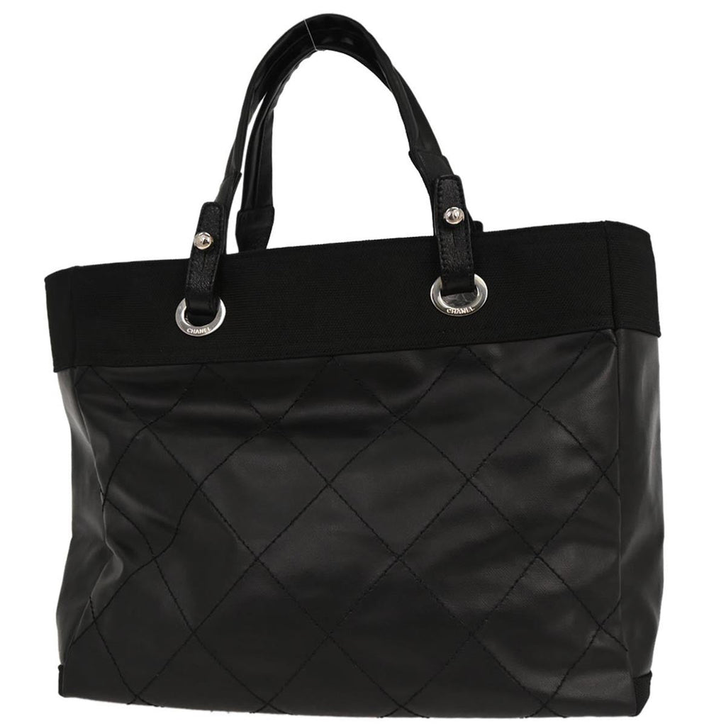 Chanel Biarritz Tote Quilted Coated Canvas Black Leather Tote Bag Bag (Pre-Owned)