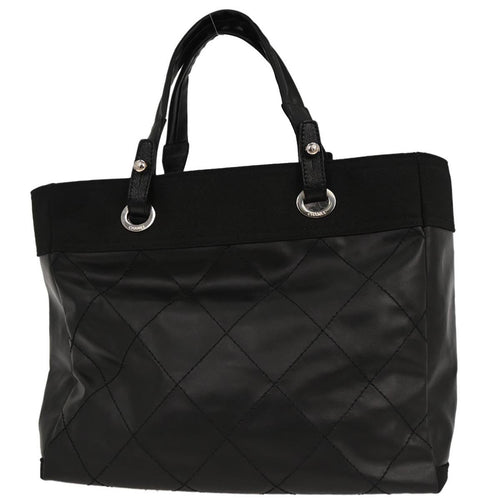 Chanel Biarritz Tote Quilted Coated Canvas Black Leather Tote Bag Bag (Pre-Owned)