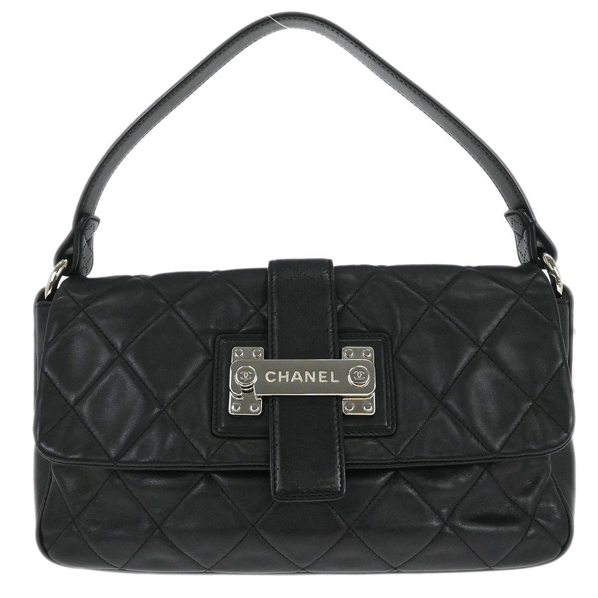 Chanel Door Latch Flap Shoulder Bag Quilted Leather Black Leather Handbag (Pre-Owned)