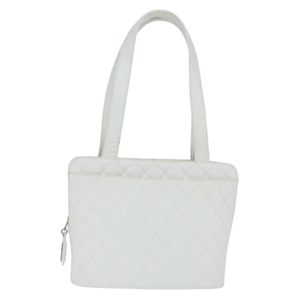 Chanel Vintage Cc Zip Around Bowler Bag Quilted Caviar White Leather Tote Bag Bag (Pre-Owned)