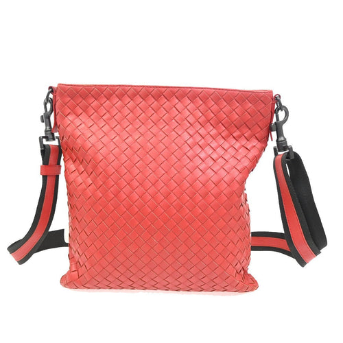 Bottega Veneta Flat Messenger Bag Intrecciato Nappa Red Leather Shoulder Bag Bag (Pre-Owned)