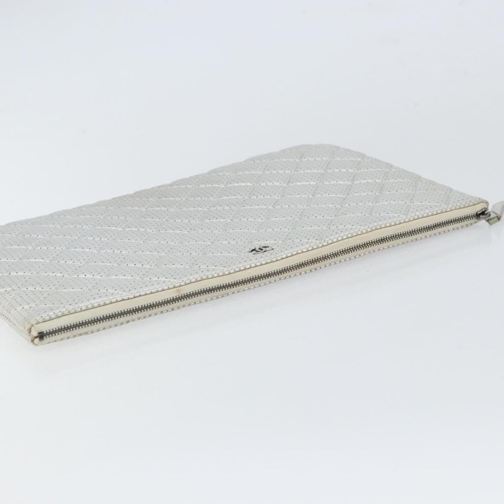 Chanel O Case Clutch Quilted Perforated Lambskin Silver Leather Clutche & Pouche Bag (Pre-Owned)