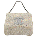 Chanel Vintage Cc Chain Top Handle Bag Quilted Tweed White Tweed Handbag (Pre-Owned)