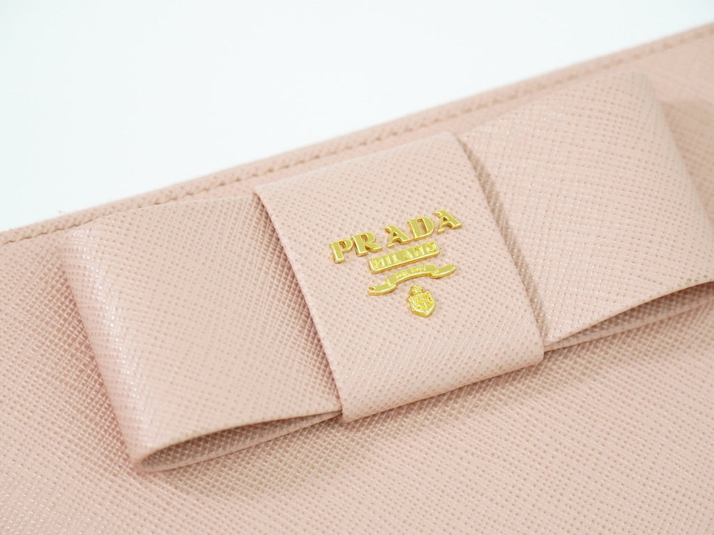 Prada Bow Zip Around Wallet Saffiano Leather Pink Leather Wallets Accessory (Pre-Owned)
