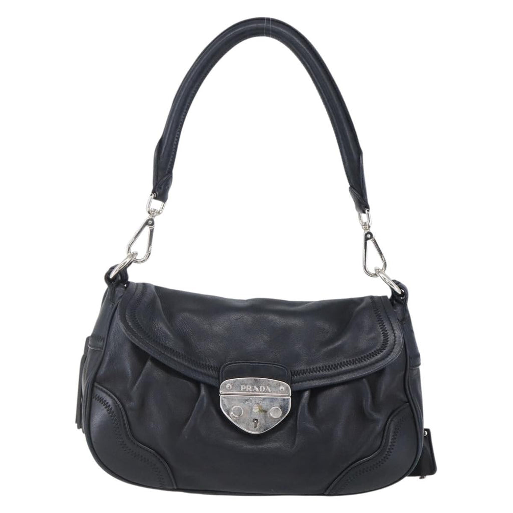Prada Pushlock Shoulder Bag Leather Black Leather Shoulder Bag Bag (Pre-Owned)