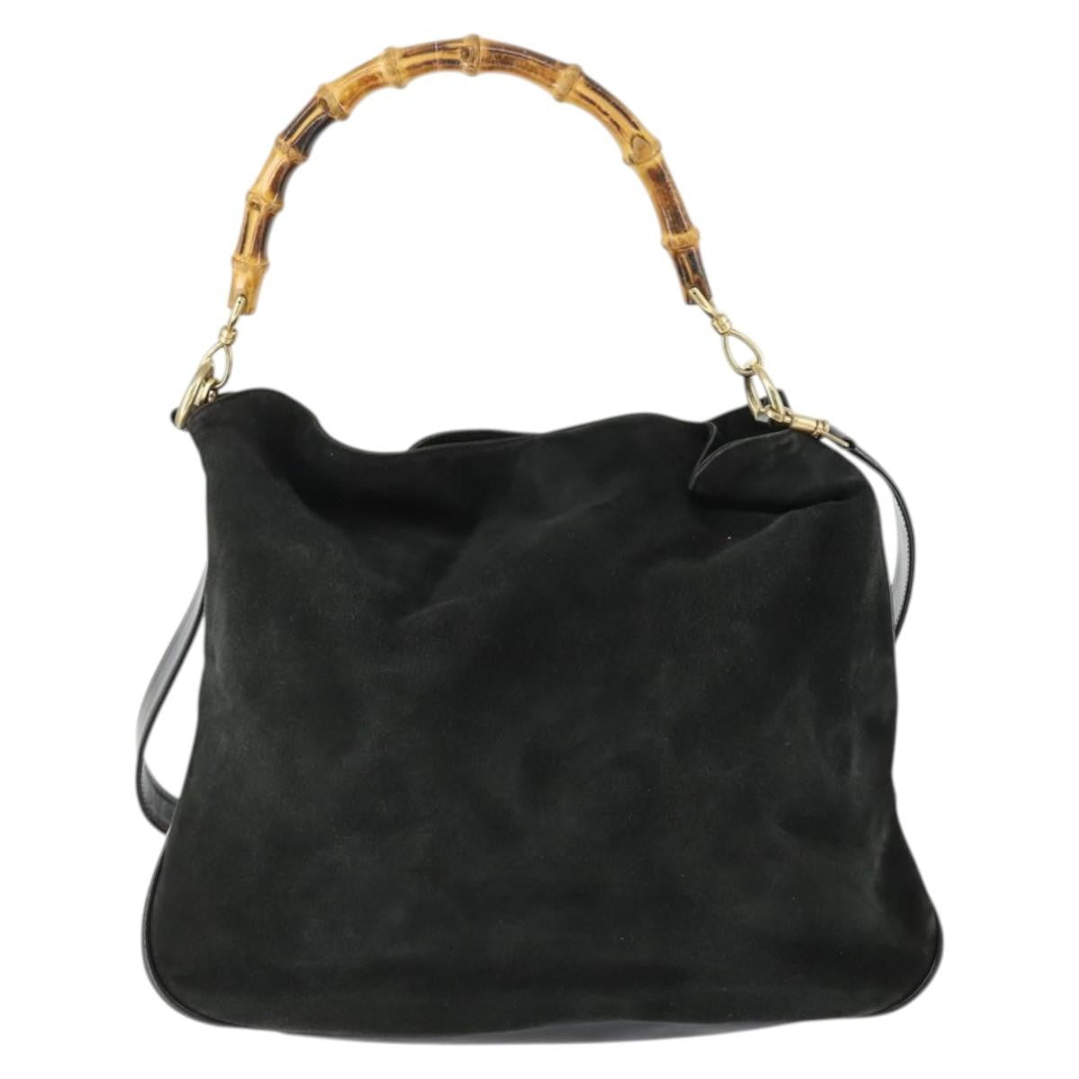 Gucci Vintage Bamboo Hobo Suede Black Suede Handbag (Pre-Owned)