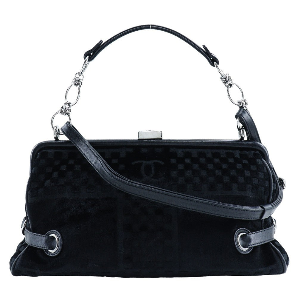 Chanel Vintage Cc Side Belted Bowler Bag Check Embossed Velvet Black Velvet Shoulder Bag Bag (Pre-Owned)