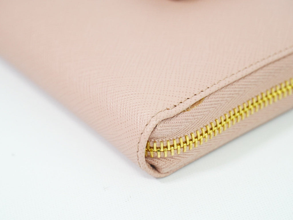 Prada Bow Zip Around Wallet Saffiano Leather Pink Leather Wallets Accessory (Pre-Owned)