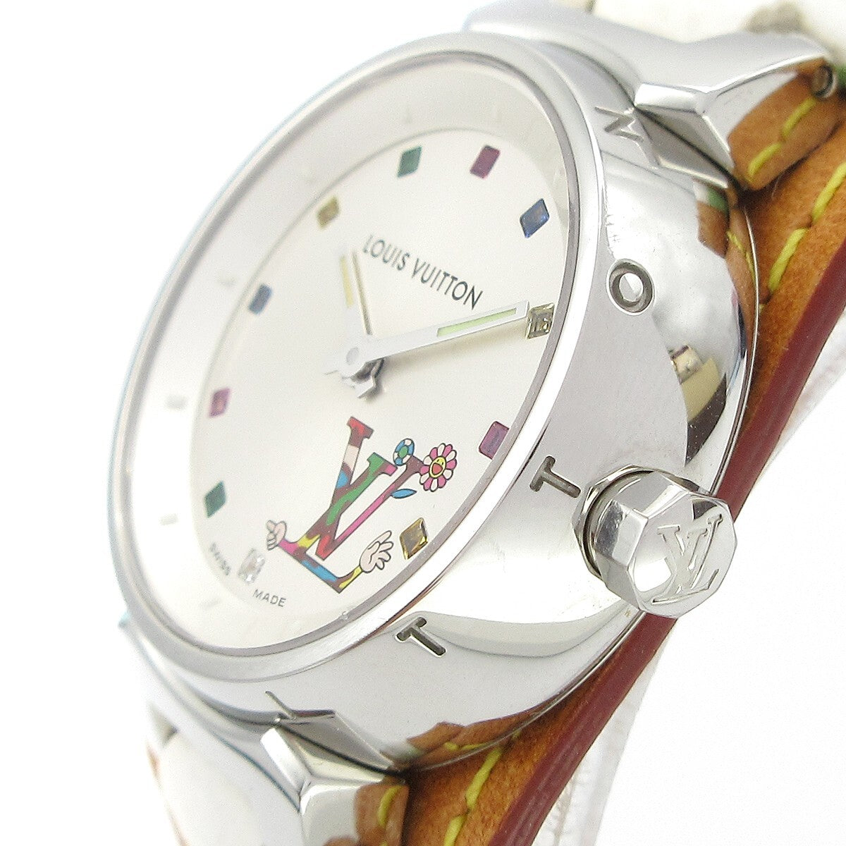 Louis Vuitton Tambour Quartz Watch Stainless Steel And Monogram Multicolor Watch (Pre-Owned)