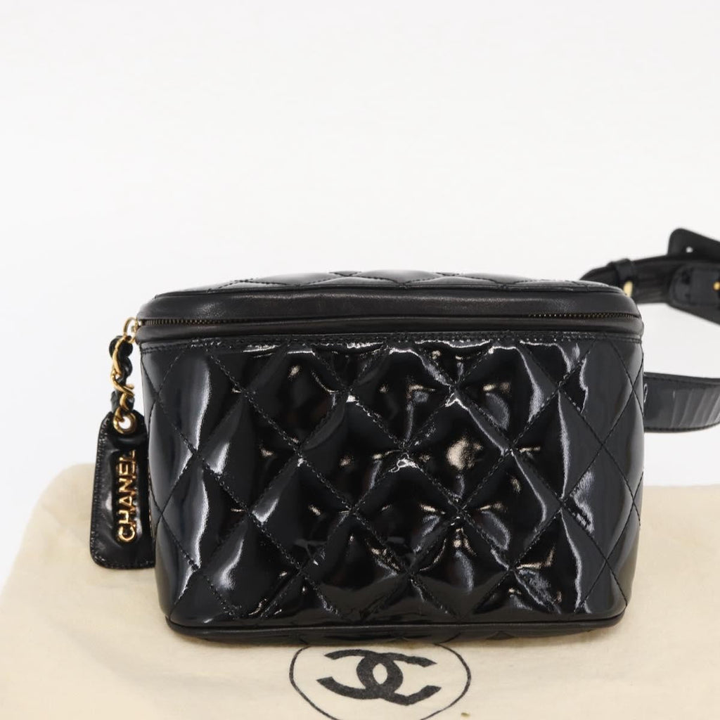 Chanel Vintage Zip Belt Bag Quilted Lambskin Black Patent_Leather Clutche & Pouche Bag (Pre-Owned)