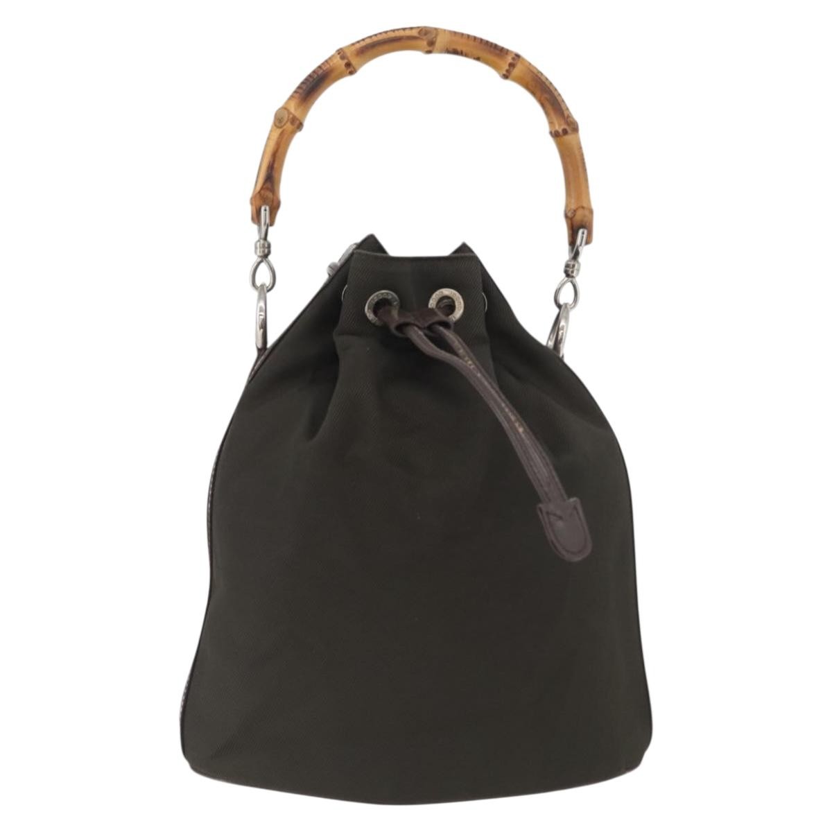 Gucci Vintage Bamboo Bucket Bag Nylon And Leather Khaki Nylon Handbag (Pre-Owned)