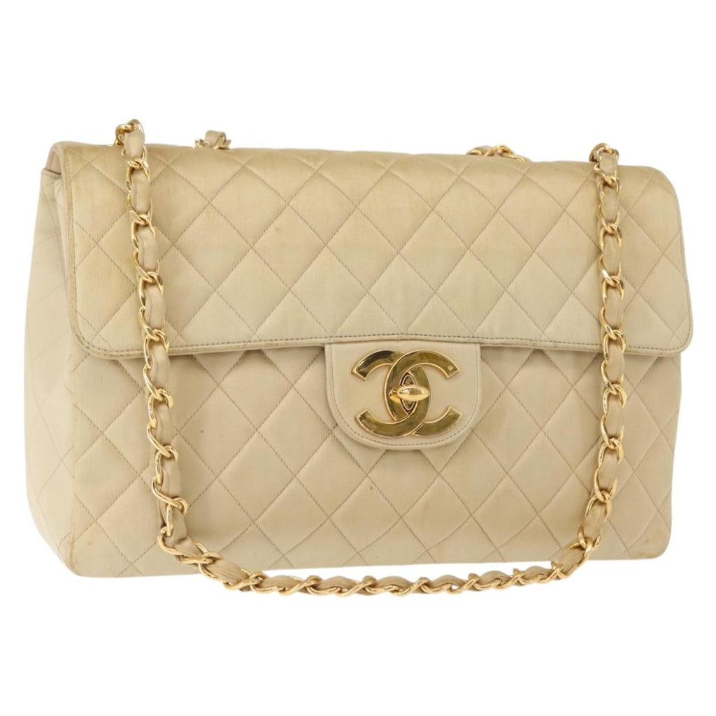 Chanel Vintage Classic Single Flap Bag Silk Beige Satin Shoulder Bag Bag (Pre-Owned)