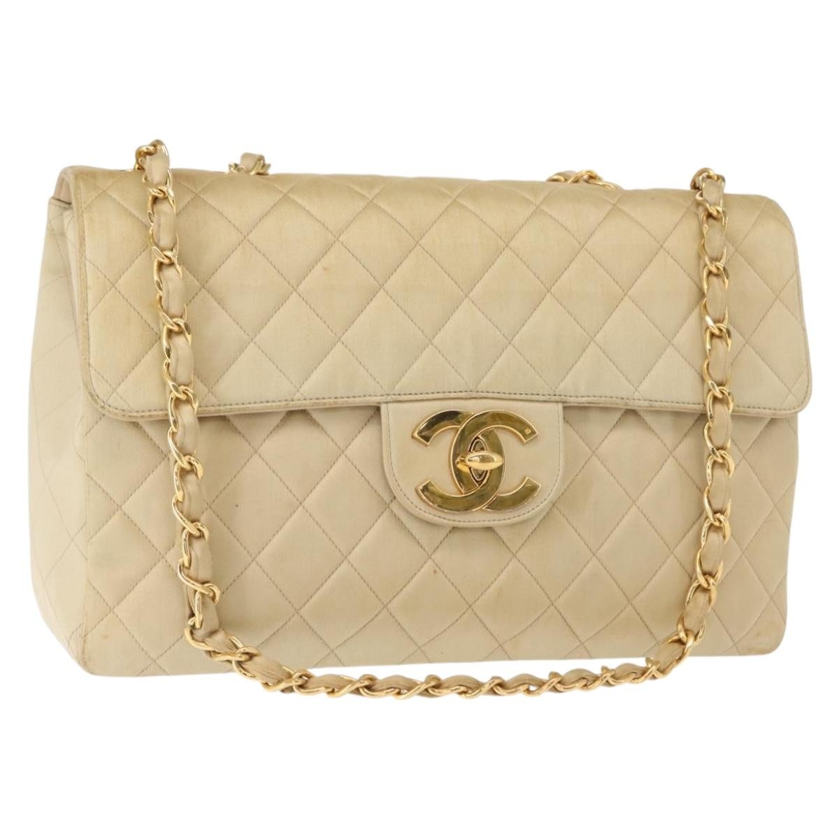 Chanel Vintage Classic Single Flap Bag Silk Beige Satin Shoulder Bag Bag (Pre-Owned)