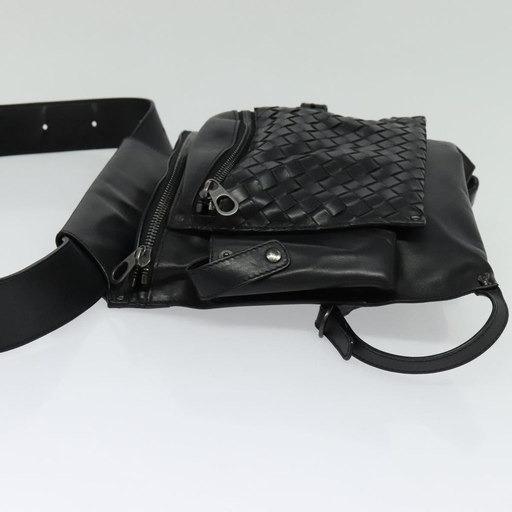 Bottega Veneta Utility Waist Bag Leather With Intrecciato Black Leather Shoulder Bag Bag (Pre-Owned)