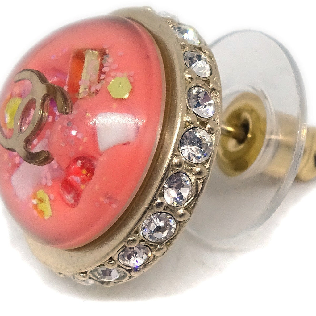 Chanel Cc Logo Button Stud Earrings Metal With Crystals Pink Plastic Earrings Jewelry (Pre-Owned)