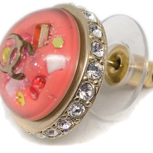 Chanel Cc Logo Button Stud Earrings Metal With Crystals Pink Plastic Earrings Jewelry (Pre-Owned)