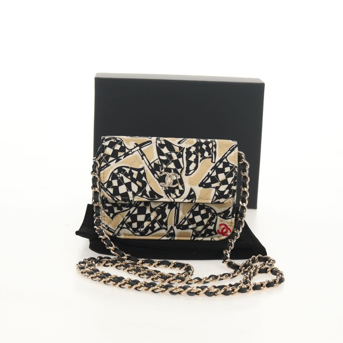 Chanel Flap Card Holder On Chain Quilted Printed Canvas Beige Satin Clutche & Pouche Bag (Pre-Owned)