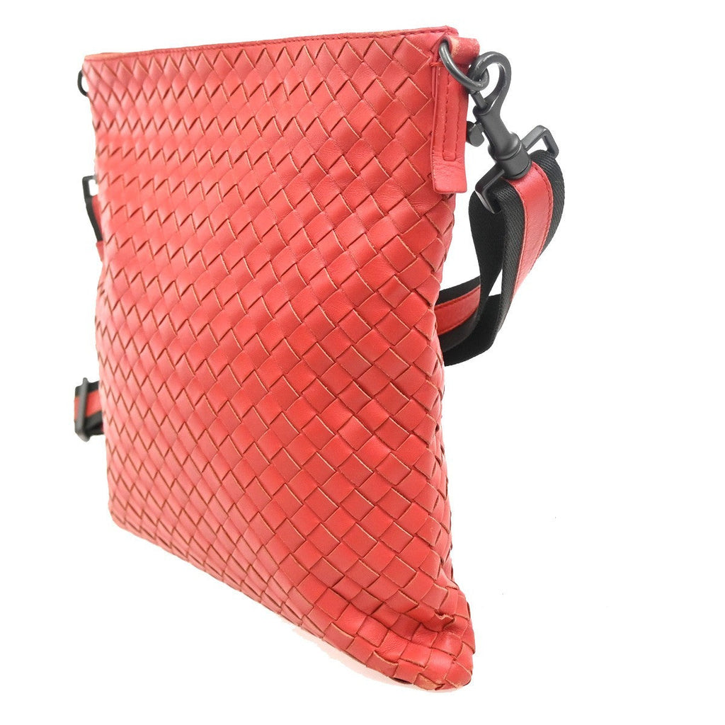 Bottega Veneta Flat Messenger Bag Intrecciato Nappa Red Leather Shoulder Bag Bag (Pre-Owned)