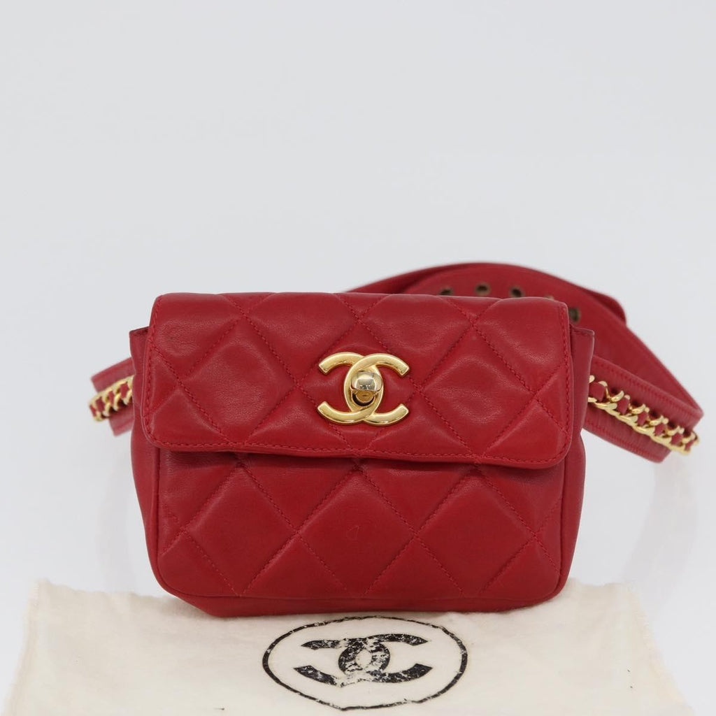Chanel Vintage Cc Flap Waist Bag Quilted Lambskin Red Leather Clutche & Pouche Bag (Pre-Owned)