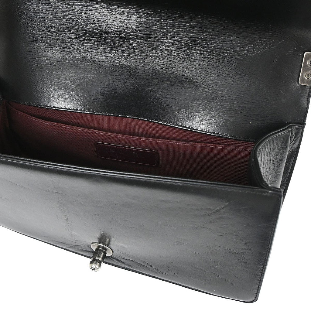Chanel Boy Flap Bag Quilted Glazed Calfskin Black Leather Handbag (Pre-Owned)