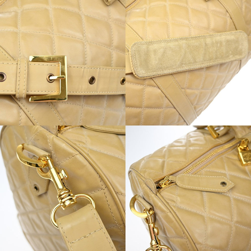 Chanel Vintage Bowler Bag Lambskin Beige Patent_Leather Handbag (Pre-Owned)