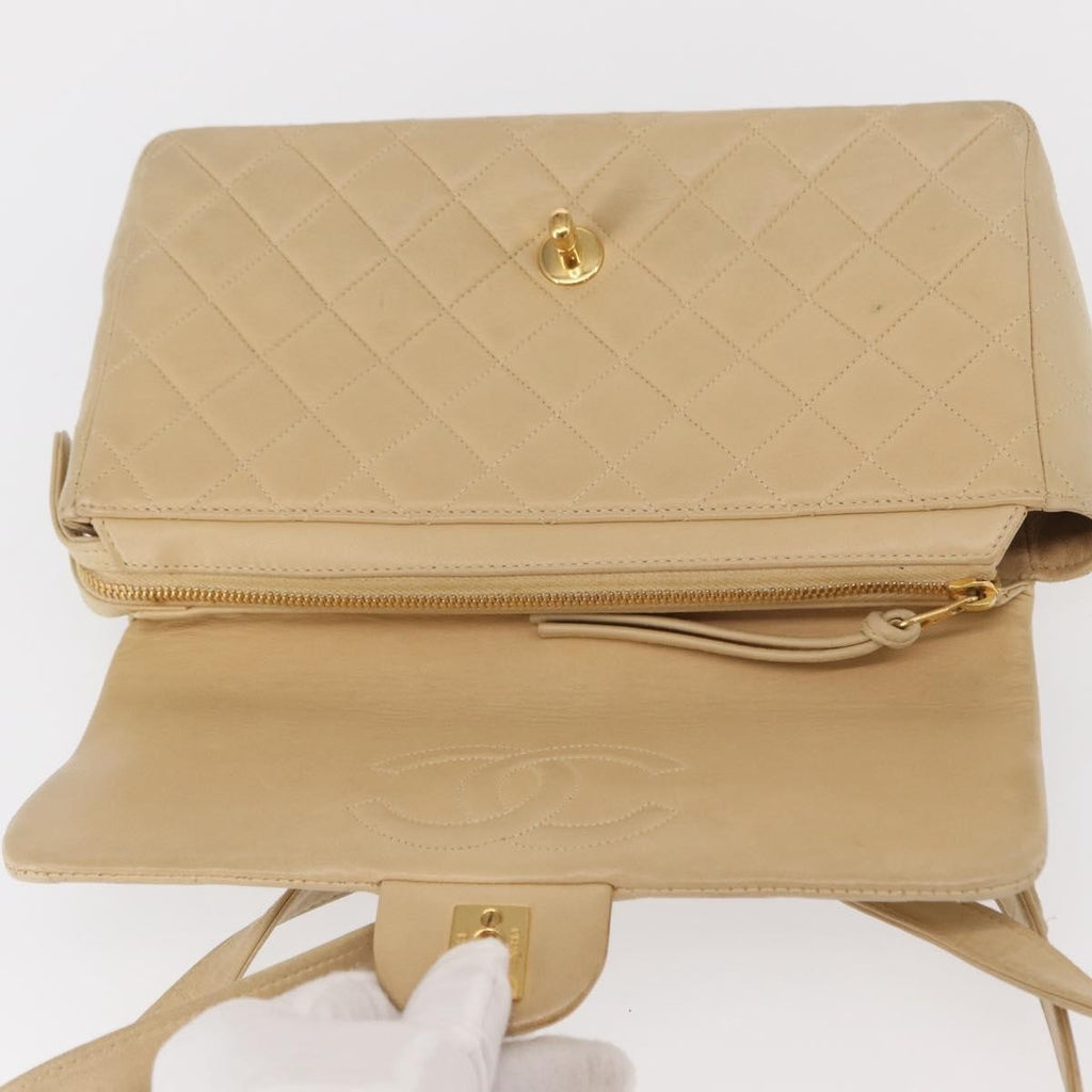 Chanel Vintage Classic Flap Backpack Quilted Lambskin Beige Leather Backpack Bag (Pre-Owned)