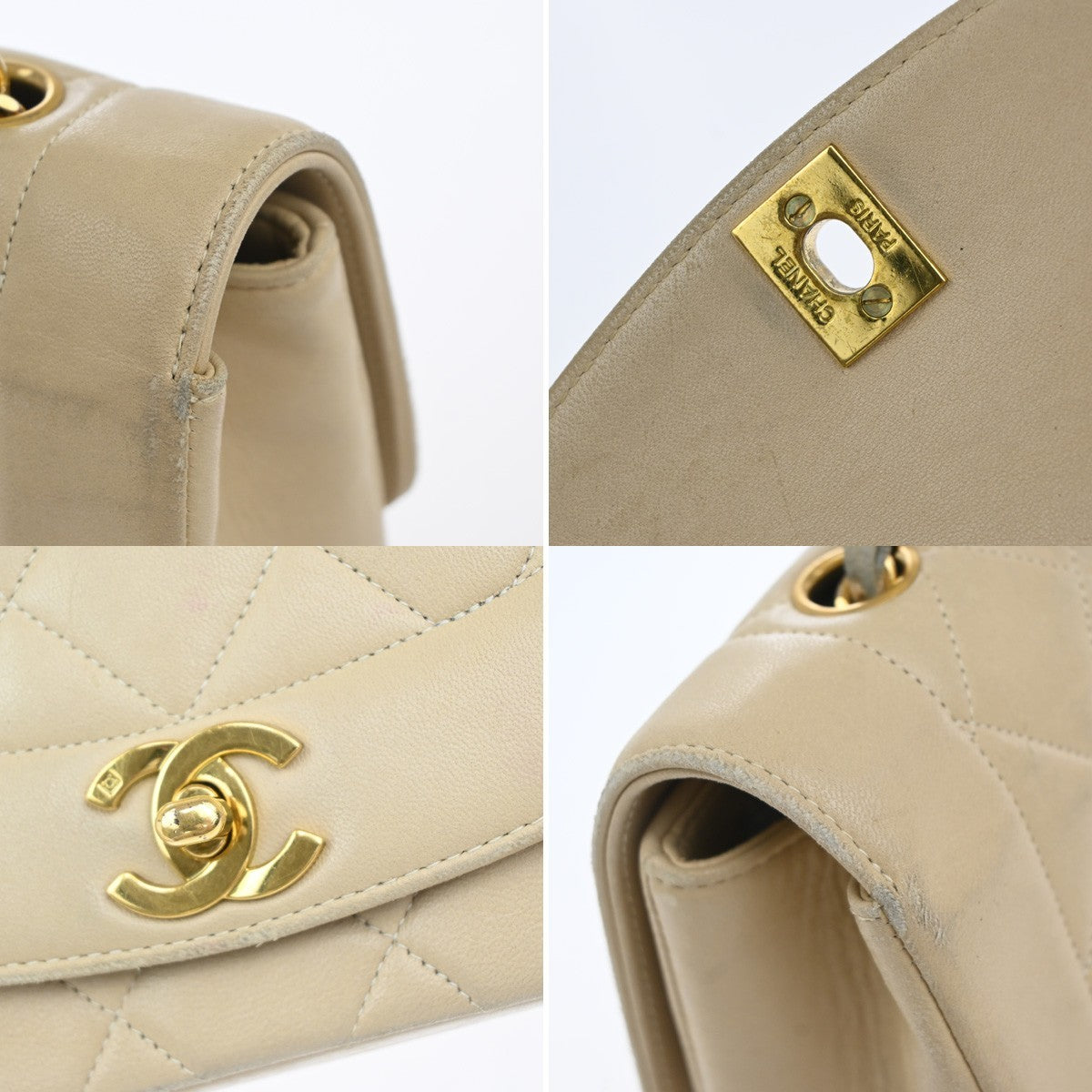 Chanel Diana Flap Bag Quilted Lambskin Beige Leather Shoulder Bag Bag (Pre-Owned)