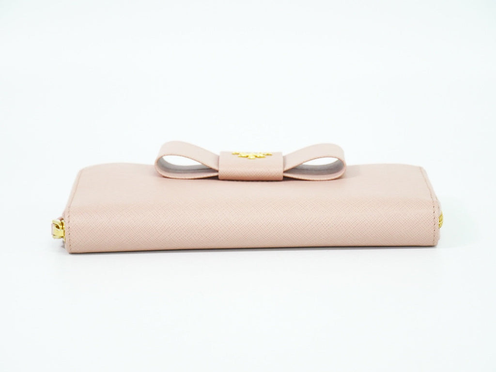 Prada Bow Zip Around Wallet Saffiano Leather Pink Leather Wallets Accessory (Pre-Owned)