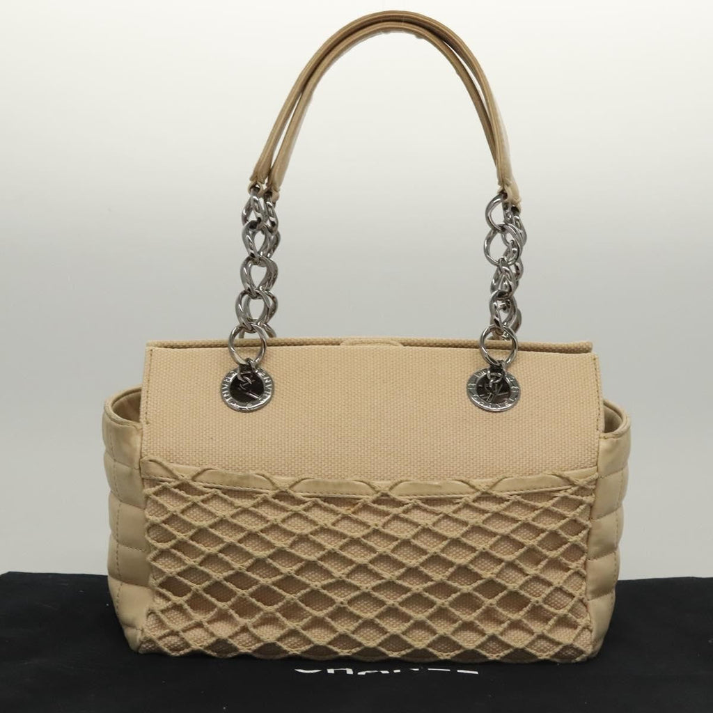 Chanel Vintage Chocolate Bar Tote Quilted Canvas Beige Canvas Handbag (Pre-Owned)