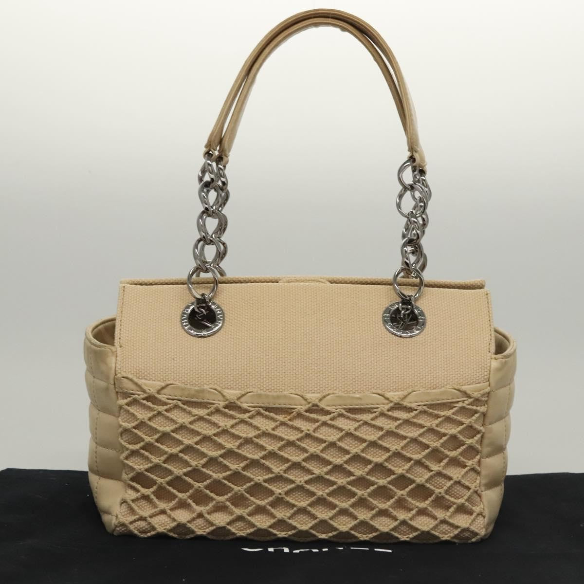 Chanel Vintage Chocolate Bar Tote Quilted Canvas Beige Canvas Handbag (Pre-Owned)