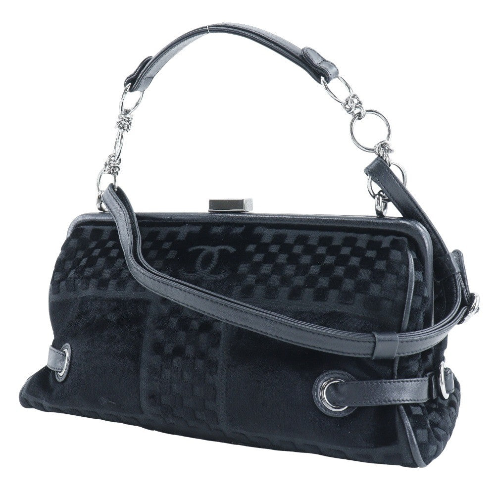 Chanel Vintage Cc Side Belted Bowler Bag Check Embossed Velvet Black Velvet Shoulder Bag Bag (Pre-Owned)